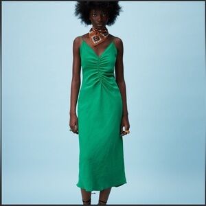Zara Midi Dress with Gathering Satin Effect XS Emerald Green